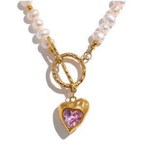 NEW 18k Gold Stainless Steel Natural Pearl Heart Cubic Zirconia Necklace